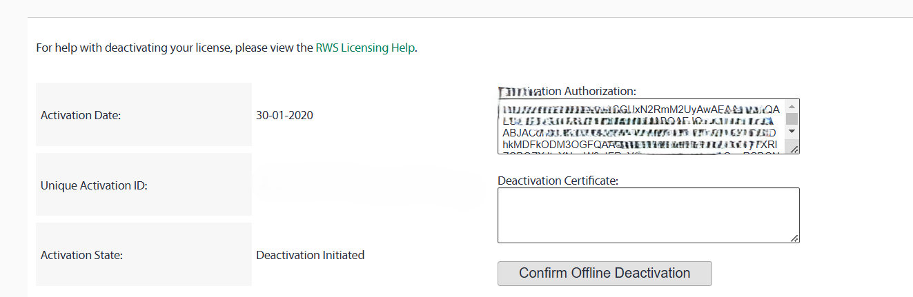RWS Licensing page showing 'Activation Date: 30-01-2020', 'Unique Activation ID' field, 'Activation State: Deactivation Initiated', a blurred 'Activation Authorization' code, and an empty 'Deactivation Certificate' field with a 'Confirm Offline Deactivation' button.