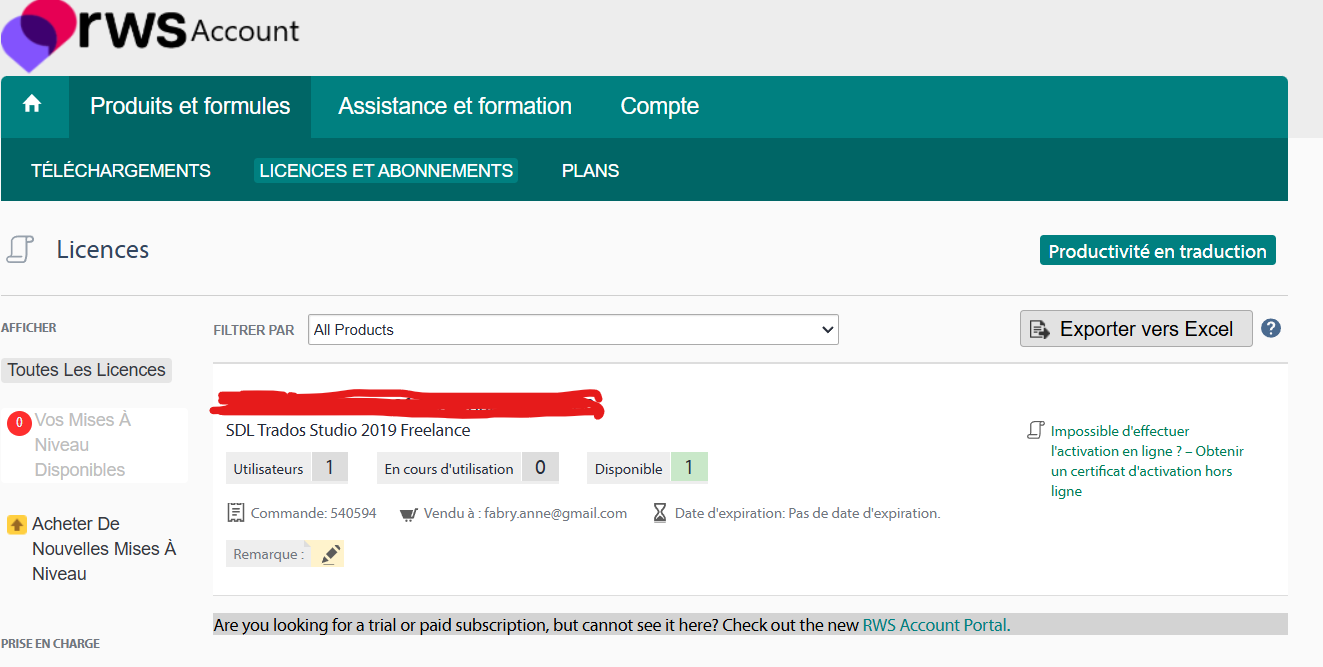 RWS Account portal showing SDL Trados Studio 2019 Freelance license with 1 available, 0 in use, and no expiration date. Error link for online activation issues is visible.