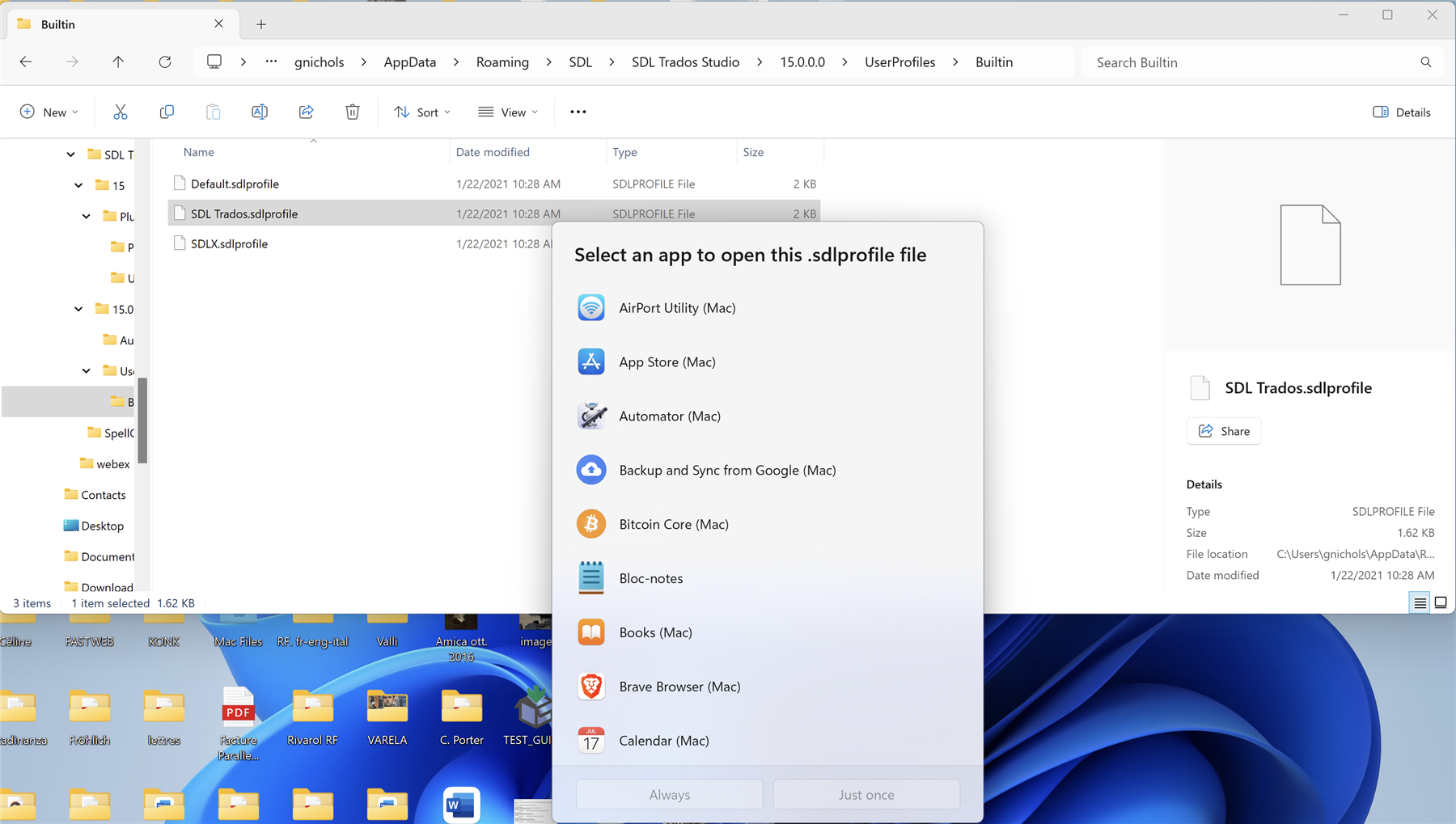 Screenshot of a Windows file explorer window with a folder path leading to 'SDL Trados Studio > 15.0.0 > UserProfiles > Builtin' and a file named 'SDL Trados.sdlprofile' selected. A dialog box 'Select an app to open this .sdlprofile file' is open, showing various Mac applications like AirPort Utility and App Store, suggesting an error in file association.