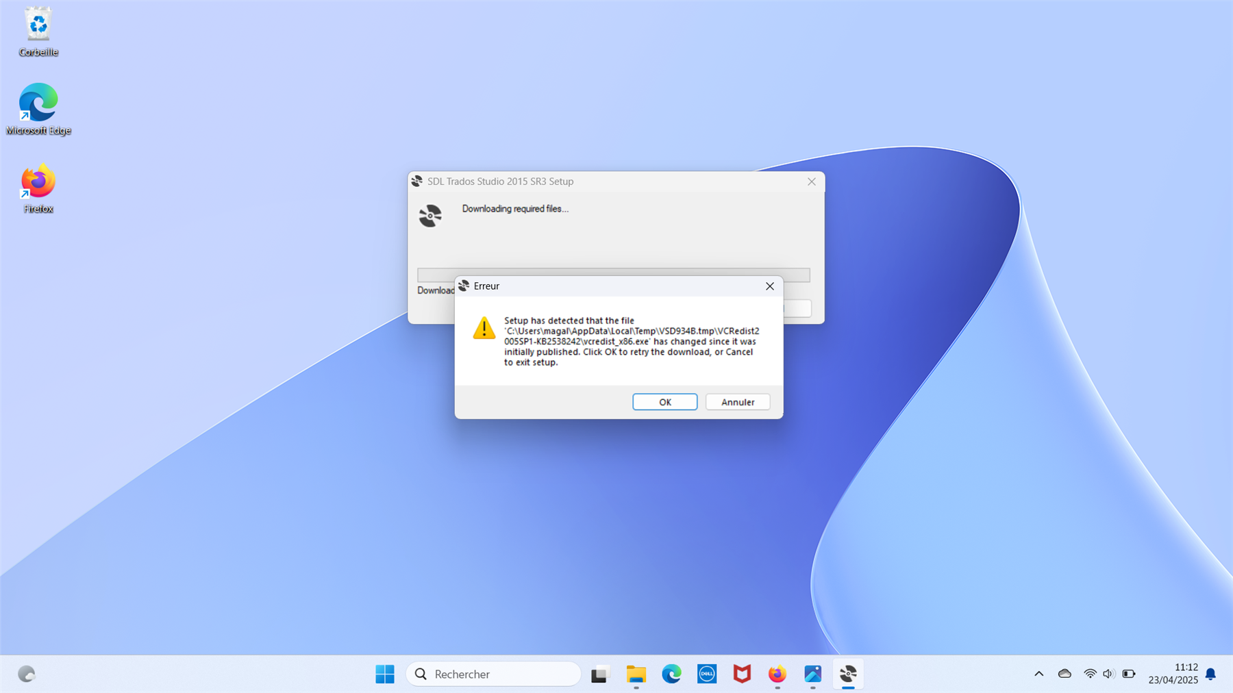 Error message during SDL Trados Studio 2015 SR3 setup on a Windows 11 desktop. The message states that a file has changed since it was initially published and offers options to retry or cancel.