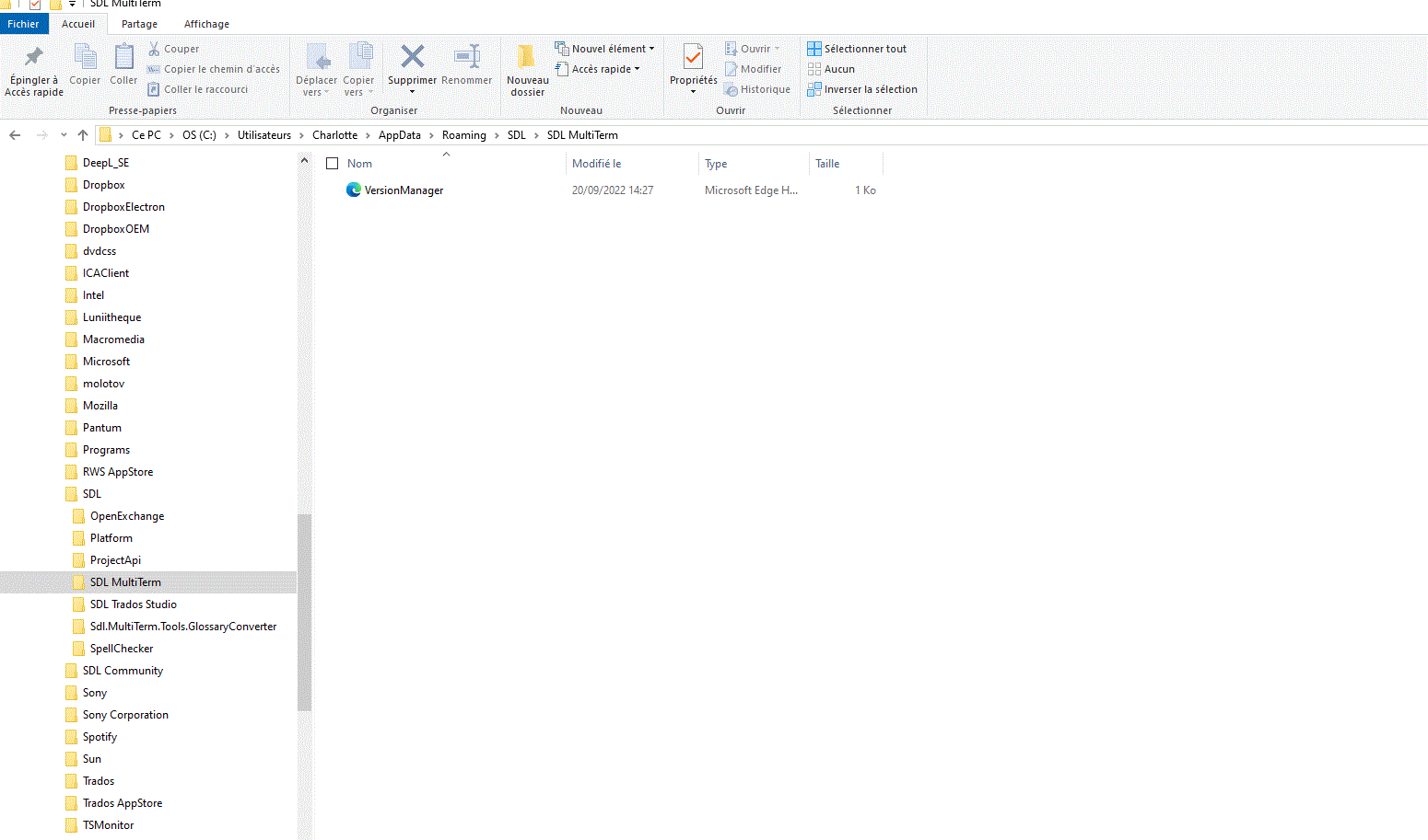 File Explorer window showing the SDL MultiTerm folder path under AppData Roaming. The folder contains a single file named VersionManager with a size of 1 KB.