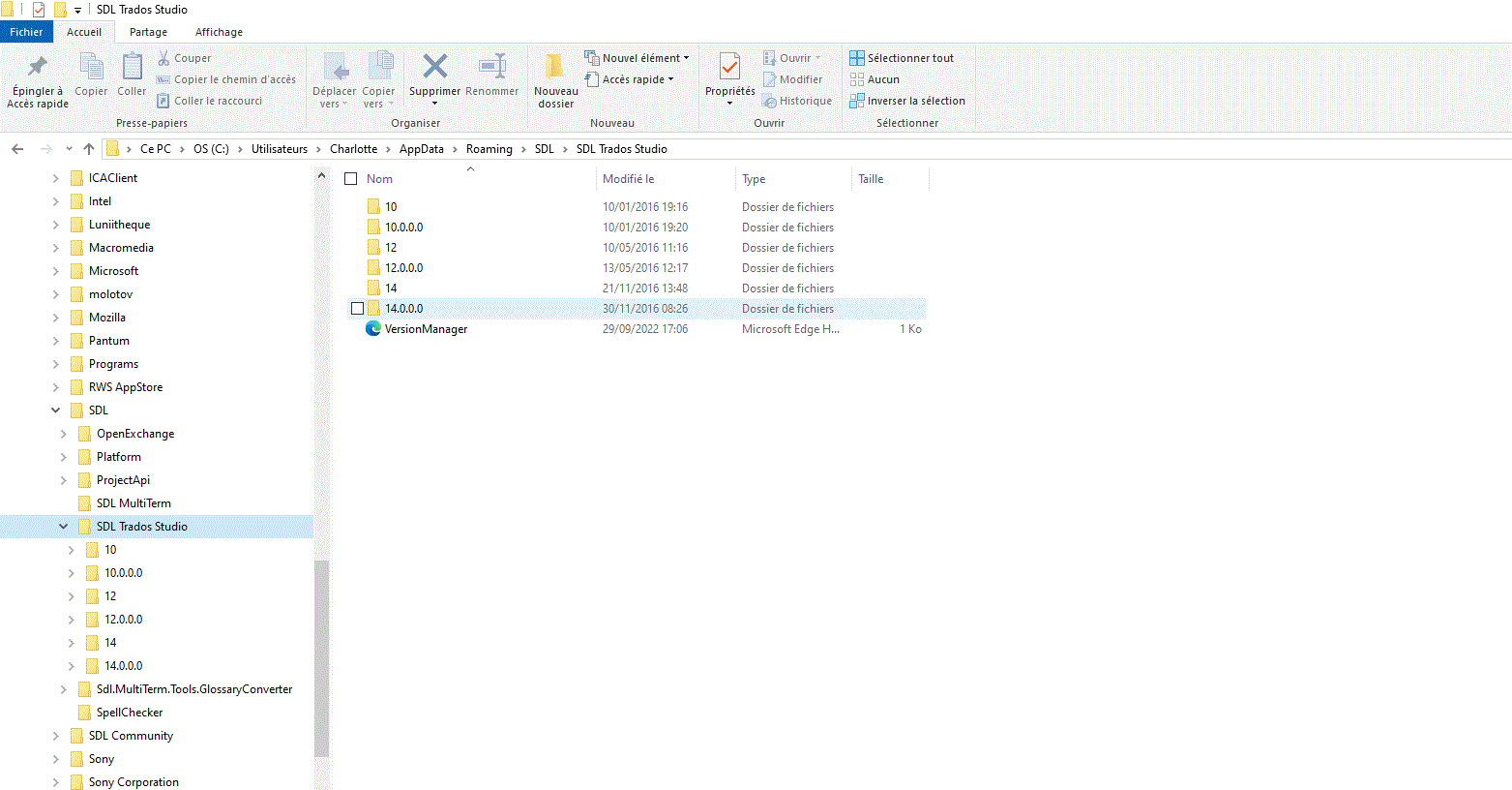 File explorer showing the SDL Trados Studio folder under AppData Roaming SDL. No SDL MultiTerm folder is visible in the directory.
