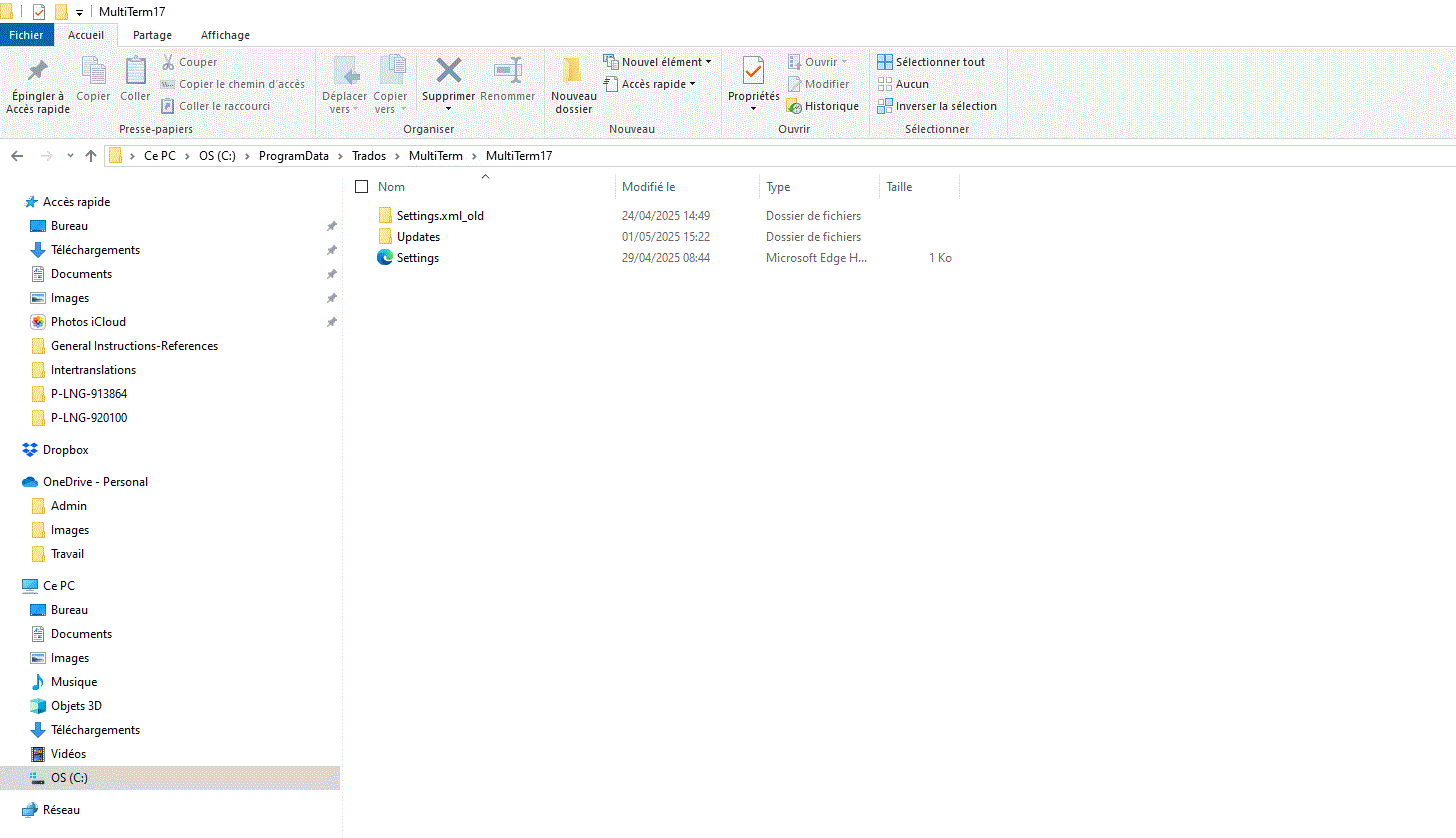 File explorer window showing the MultiTerm17 folder under ProgramData, with subfolders Settings.xml_old, Updates, and a file named Settings of size 1 KB.