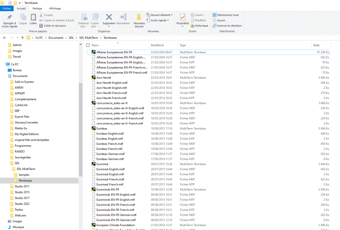 File explorer window showing the Termbases folder under SDL MultiTerm, containing various termbase files with names like Affaires Europeennes and Aon Hewitt, along with file details.