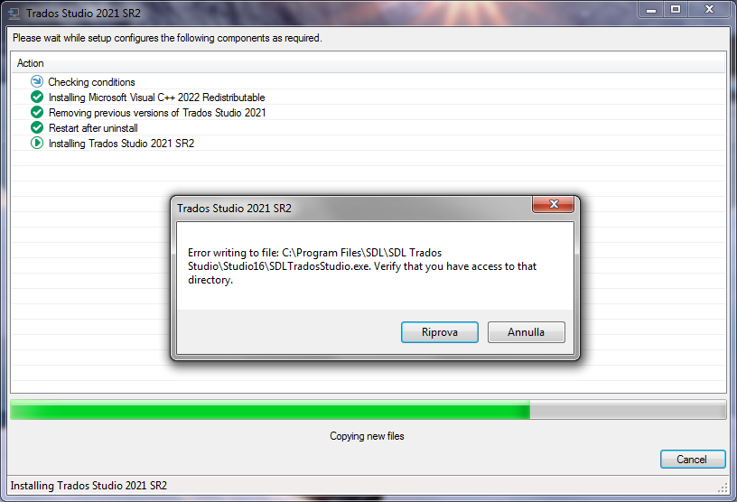 Trados Studio 2021 SR2 installation window showing an error message: Error writing to file C:Program FilesSDLSDL Trados StudioStudio16SDLTradosStudio.exe. Verify that you have access to that directory.