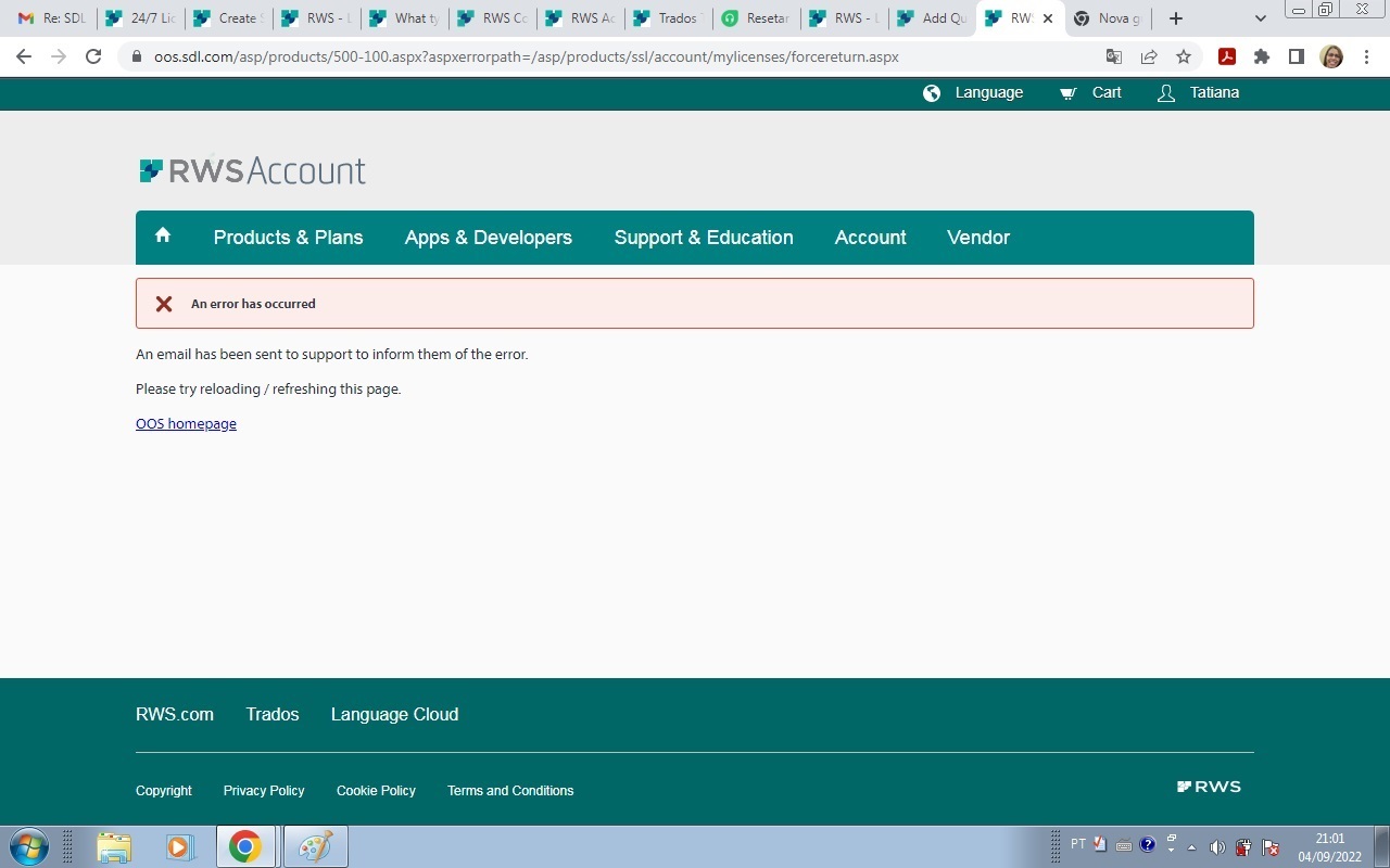 Screenshot of an error message on the RWS account page stating 'An error has occurred' with instructions to reload the page and a link to the OOS homepage.