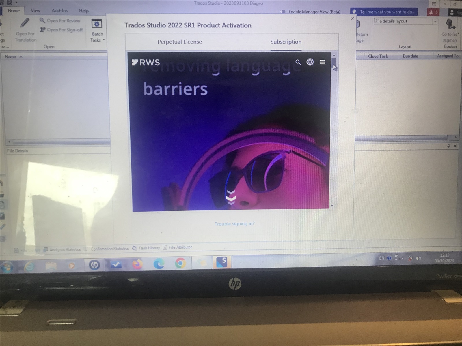 Trados Studio interface showing 'RWS moving language barriers' advertisement. No visible errors or warnings.