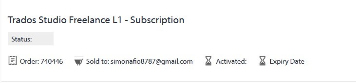 Trados Studio Freelance L1 - Subscription page with empty status field. Order 740446 details shown, but activation and expiry dates are missing.