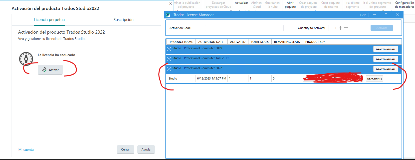 Trados Studio 2022 activation screen showing an expired license error with an 'Activate' button highlighted.