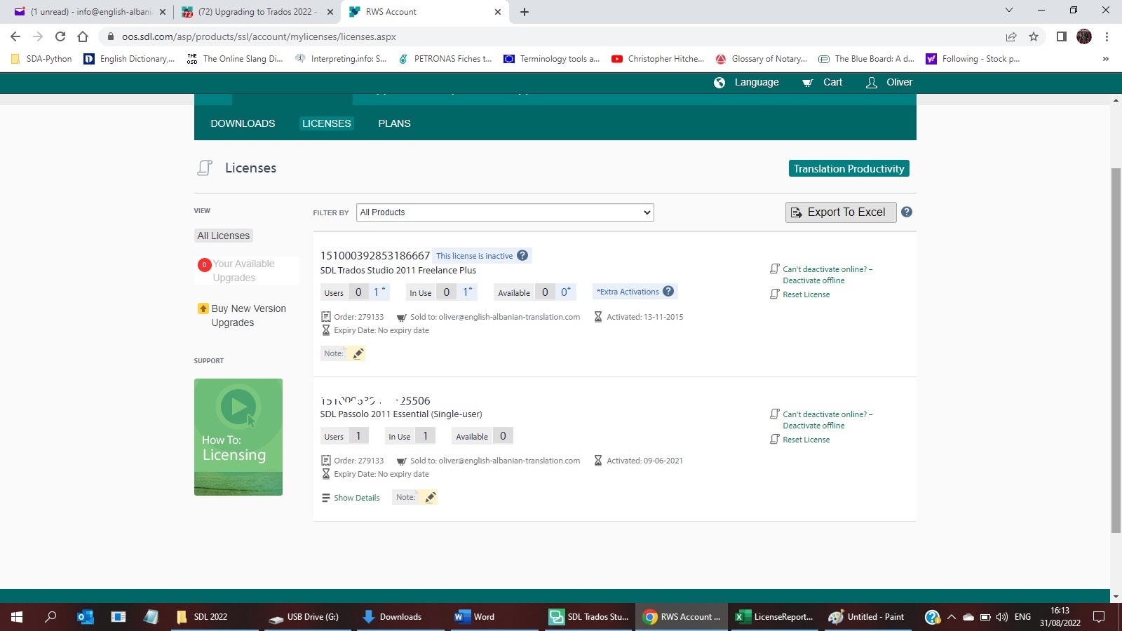 Screenshot of Trados Studio Licensing page showing '0 Available Upgrades' despite the 2021 license being removed. An inactive license for SDL Trados Studio 2011 Freelance Plus is visible with a warning icon and a note stating 'This license is inactive'.