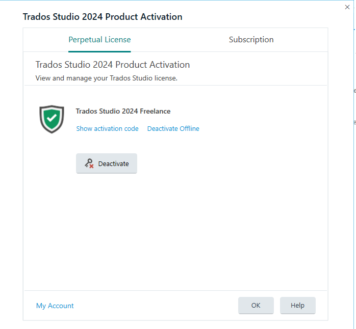 Trados Studio 2024 Product Activation window under 'Perpetual License' tab showing active license for 'Trados Studio 2024 Freelance' with options to 'Show activation code', 'Deactivate Offline', and a 'Deactivate' button.
