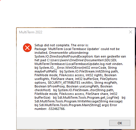 MultiTerm 2022 error message during setup indicating 'Package 'MultiTerm Local Termbase Updater' could not be installed' with a directory not found exception and error number -534267266.