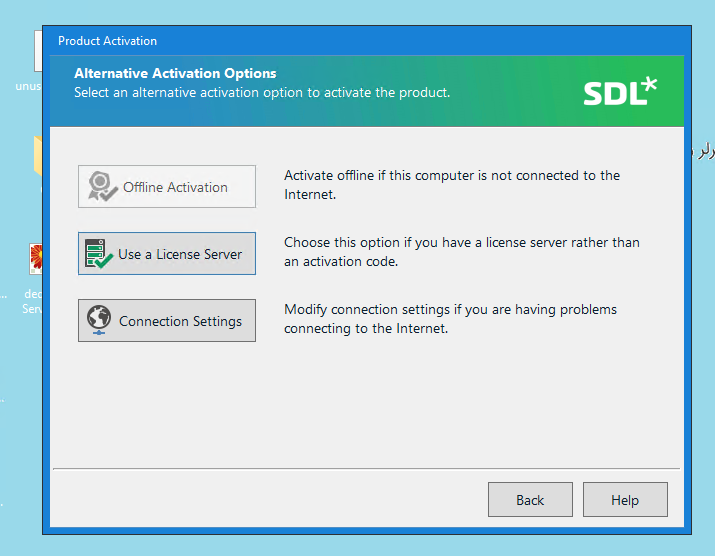 Screenshot of a product activation window with three options: 'Offline Activation' which is grayed out and not selectable, 'Use a License Server', and 'Connection Settings'. The SDL logo is visible at the top right.