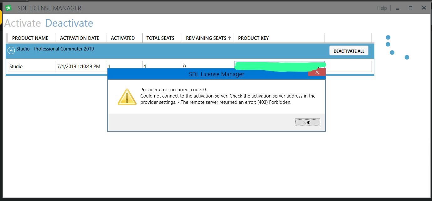 SDL License Manager window showing an error message: 'Provider error occurred, code: 0. Could not connect to the activation server. The remote server returned an error: (403) Forbidden.'