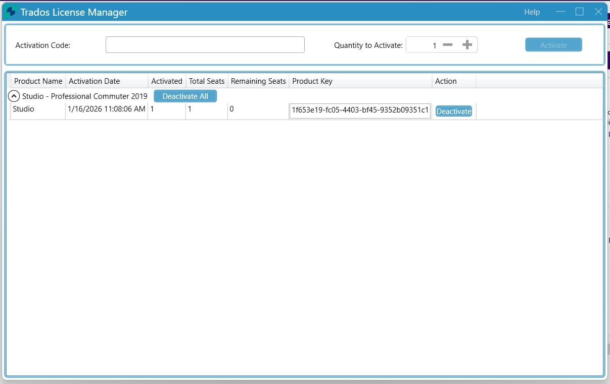 Trados License Manager window showing a license for Studio - Professional Commuter 2019 with 1 activated seat, 0 remaining seats, and an option to deactivate.