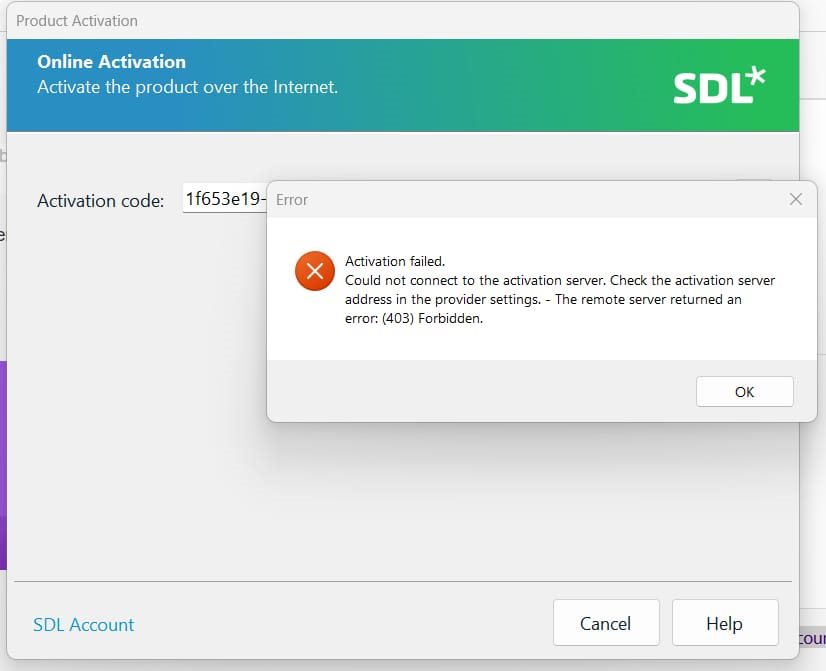 Product Activation window with an error message stating 'Activation failed. Could not connect to the activation server. The remote server returned an error: (403) Forbidden.'