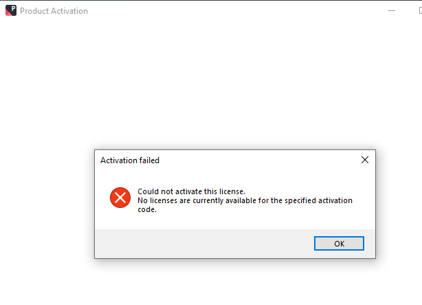 Product Activation window showing an error message: 'Activation failed. Could not activate this license. No licenses are currently available for the specified activation code.'