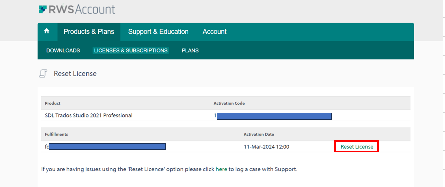 RWS Account page under 'Licenses & Subscriptions' tab with a 'Reset License' button for SDL Trados Studio 2021 Professional.