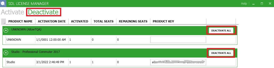 SDL License Manager window showing two products. The first product is labeled UNKNOWN with a 'Deactivate All' button. The second is 'Studio - Professional Commuter 2017' also with a 'Deactivate All' button.