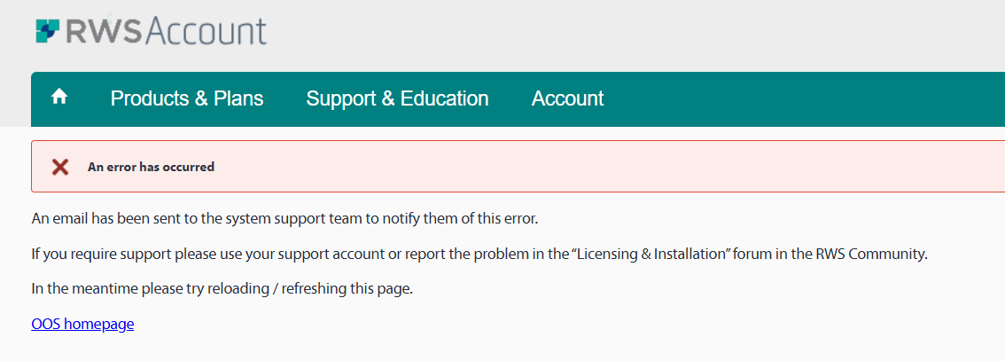 Screenshot of an error message on RWS Account website under the 'Licensing & Installation' section. It reads 'An error has occurred' with instructions to reload the page and a note that an email has been sent to support.