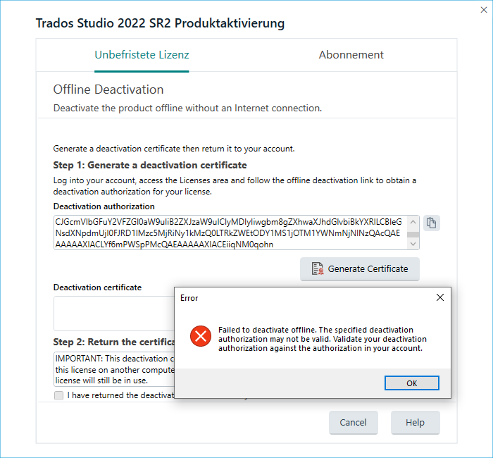 Trados Studio 2022 SR2 Product Activation window showing 'Offline Deactivation' instructions. An error message with a red cross icon states 'Failed to deactivate offline. The specified deactivation authorization may not be valid. Validate your deactivation authorization against the authorization in your account.' with an 'OK' button.