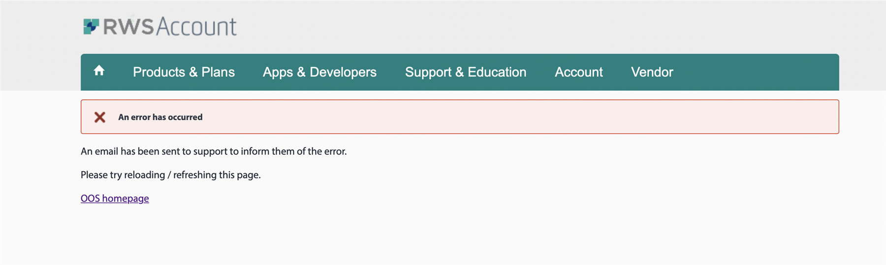RWS Account webpage with a red error notification stating 'An error has occurred' and instructions to reload the page or contact support.