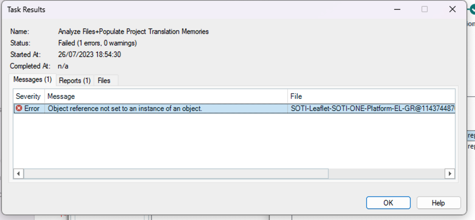 Trados Studio Task Results window showing an error 'Object reference not set to an instance of an object' for the file SOTI-Leaflet-SOTI-ONE-Platform-EL-GR.