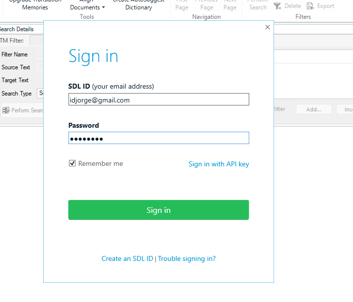 Trados Studio sign-in dialog box with fields for SDL ID and Password filled in and a green Sign In button at the bottom.