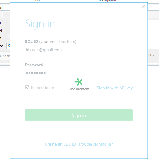 Trados Studio sign-in dialog box with an asterisk animation next to 'One moment' text, indicating a loading process that is not completing.