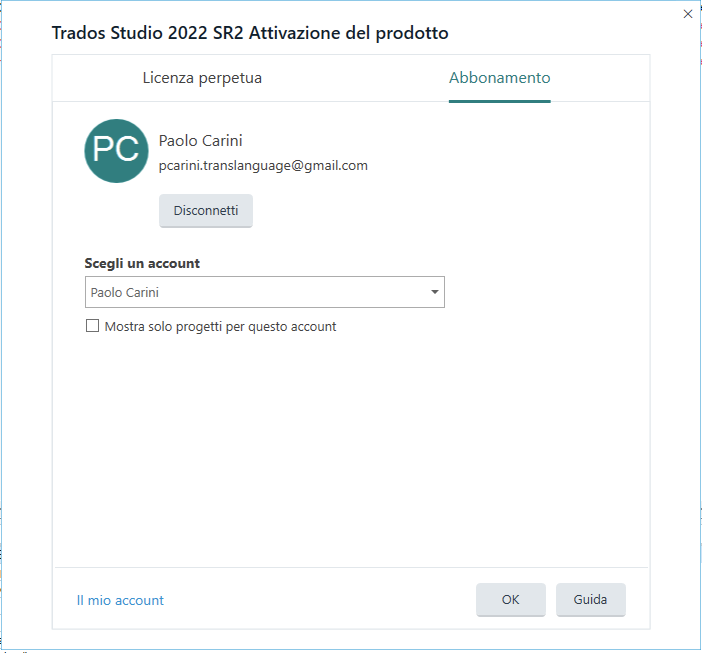 Trados Studio 2022 SR2 Product Activation window showing user Paolo Carini's email, with options to select an account and a checkbox for showing projects for this account.