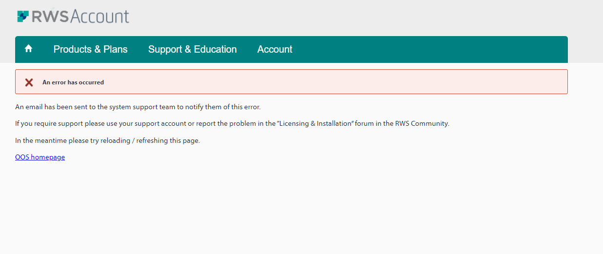 RWS Account webpage with an error notification stating 'An error has occurred' and instructions to contact support or refresh the page.
