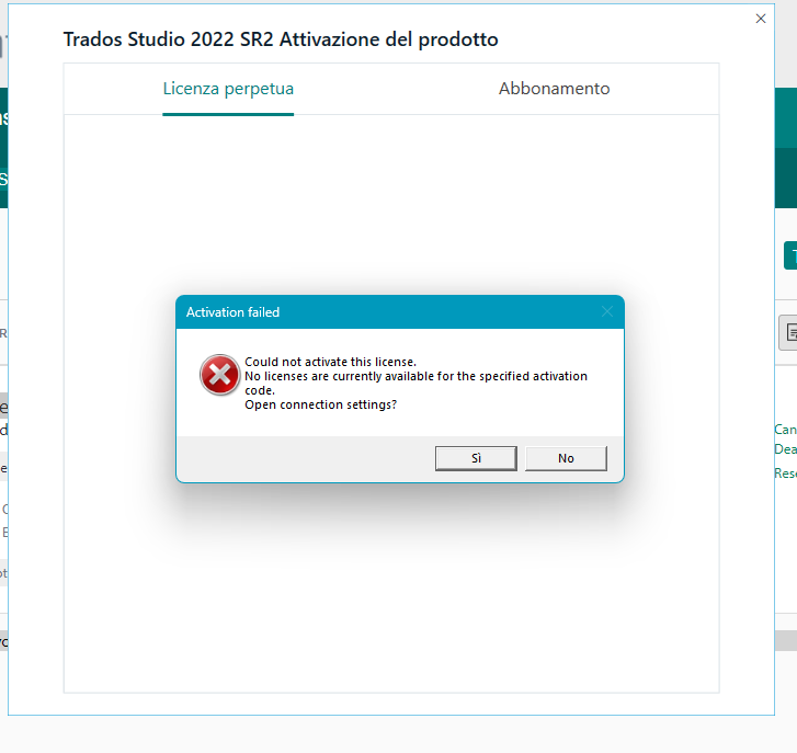 Error message window stating 'Activation failed: Could not activate this license. No licenses are currently available for the specified activation code.' with 'Yes' and 'No' options.