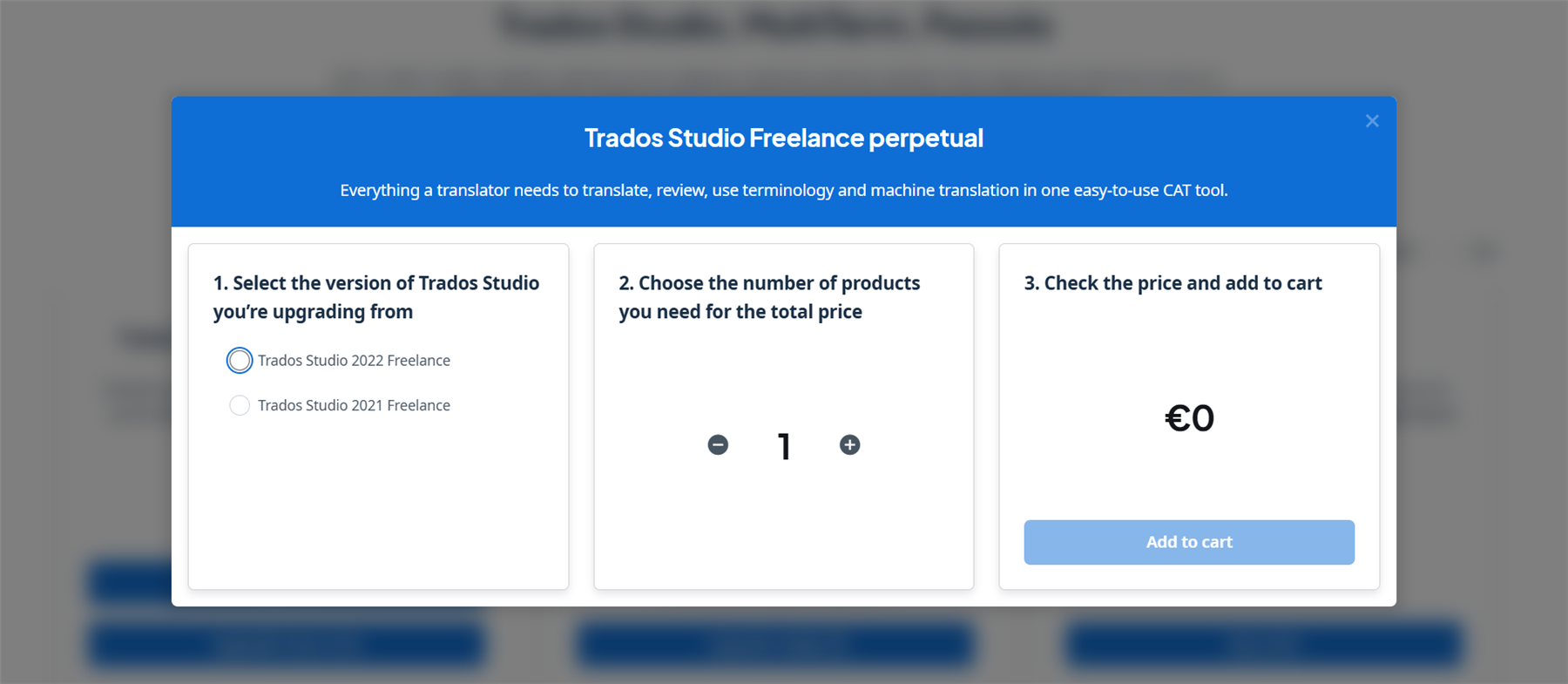 Screenshot of the Trados Studio Freelance perpetual license purchase page. Options to select upgrade from Trados Studio 2022 or 2021, choose quantity, and check price ( 0) are visible.