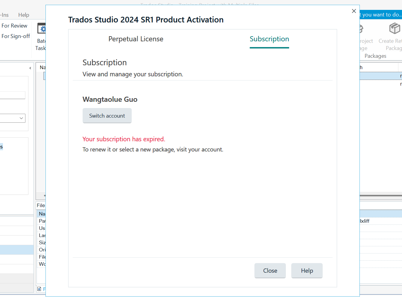 Trados Studio 2024 SR1 Product Activation window showing subscription details for Wangtaolue Guo with a message in red text stating 'Your subscription has expired.'