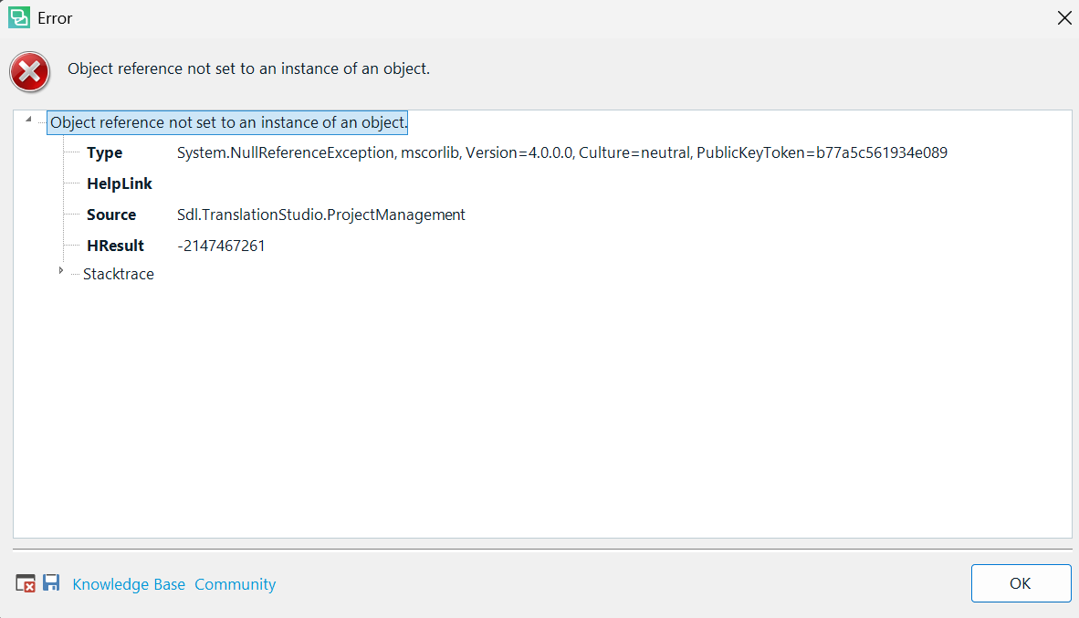 Error window showing 'Object reference not set to an instance of an object' with details including Type, HelpLink, Source, HResult, and Stacktrace.