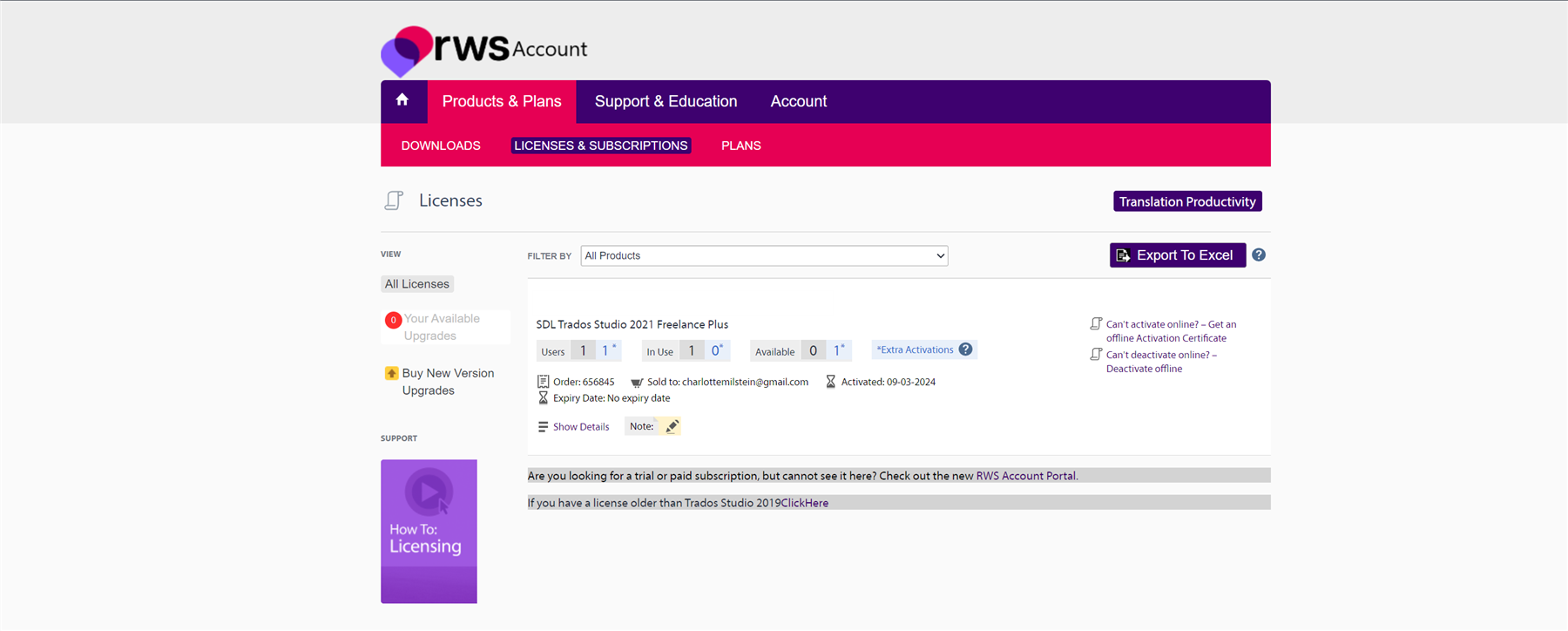 RWS Account page displaying license details for SDL Trados Studio 2021 Freelance Plus, with options for activation and deactivation, and a purple navigation bar at the top.