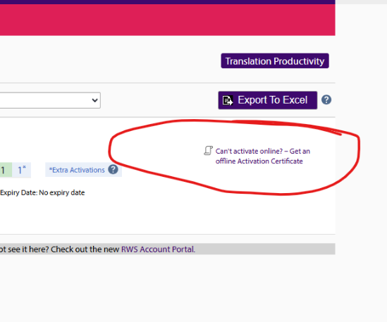 Screenshot of the RWS account portal showing a red circle around the text 'Can't activate online? - Get an offline Activation Certificate' with an Export to Excel button nearby.