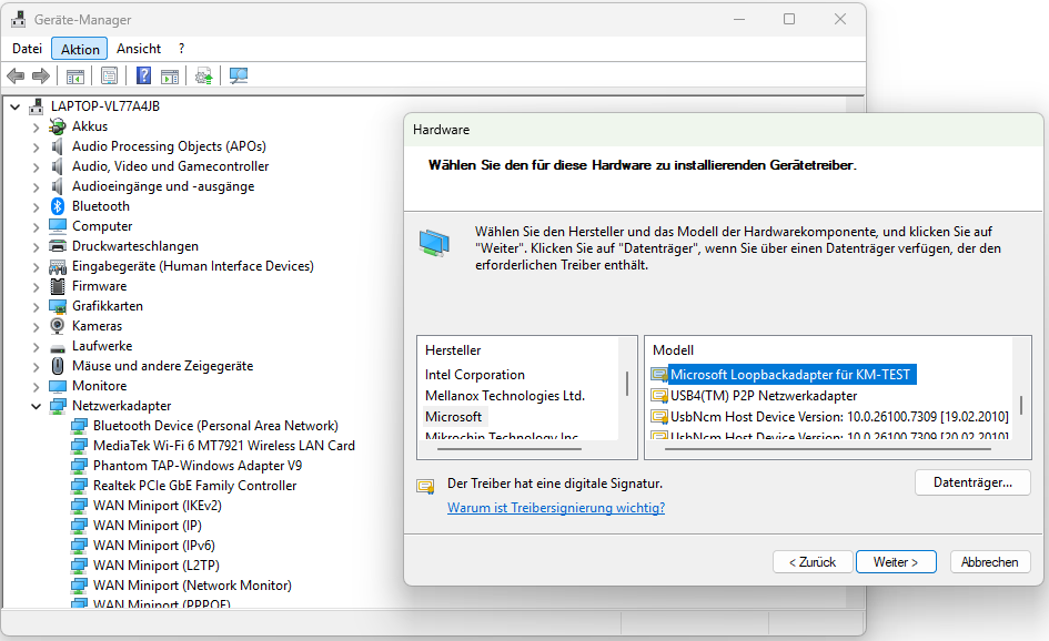 Device Manager window showing network adapters list, with 'Microsoft Loopbackadapter f r KM-TEST' selected in the Hardware installation dialog.