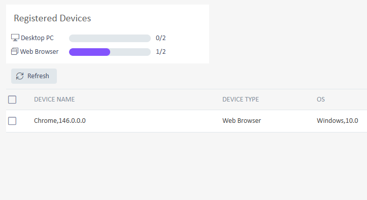 Registered devices screen showing 0 out of 2 desktop PCs used and 1 out of 2 web browsers used, with a device named Chrome,146.0.0.0 listed under Web Browser.