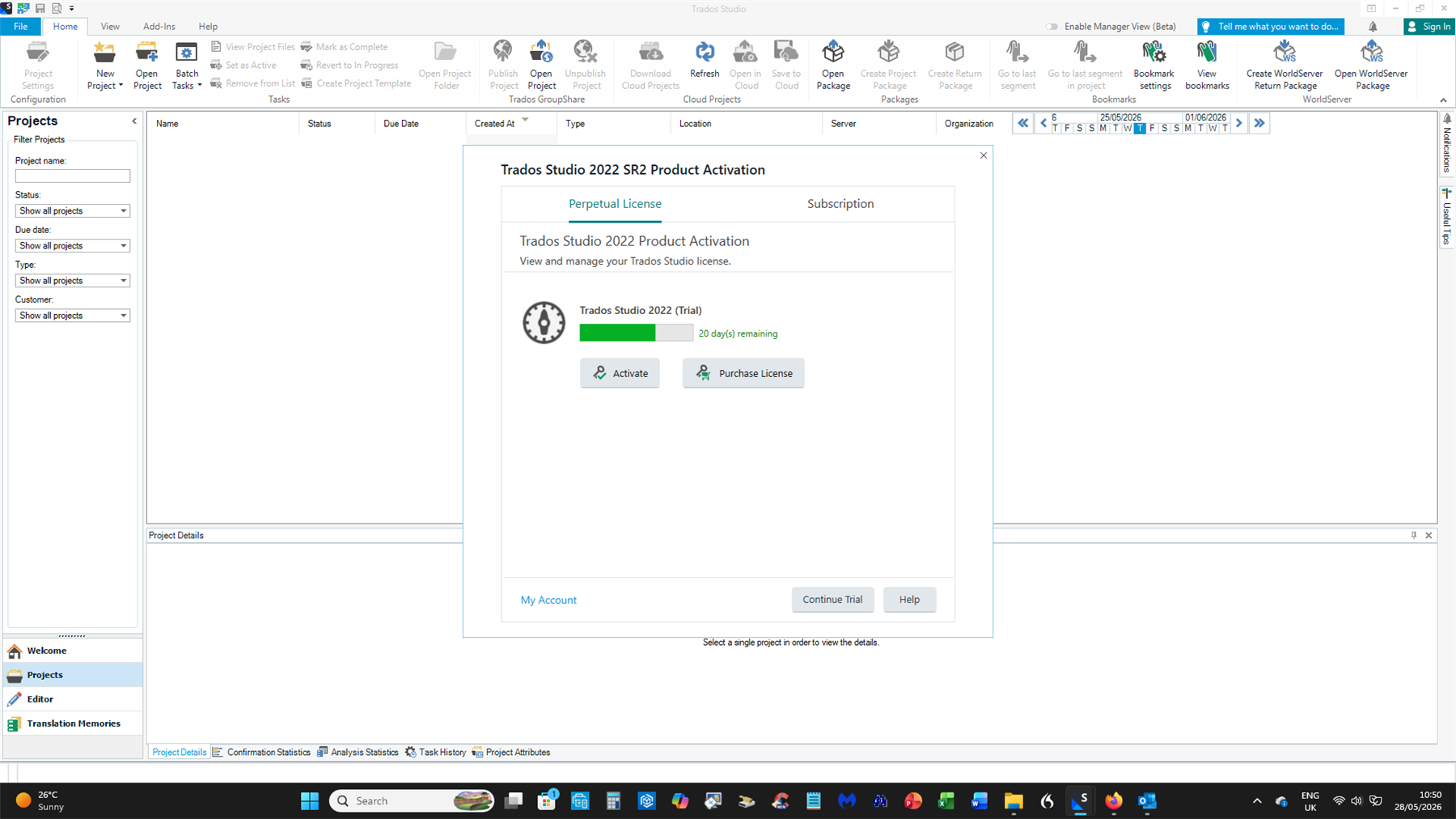 Trados Studio 2022 SR2 Product Activation window showing a trial version with 20 days remaining, options to activate or purchase a license, and navigation buttons at the bottom.