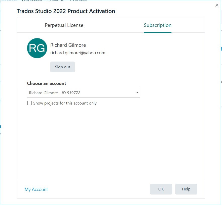Trados Studio 2022 Product Activation window showing the Subscription tab. It displays user information, a sign-out button, and a dropdown to choose an account with an OK and Help button.