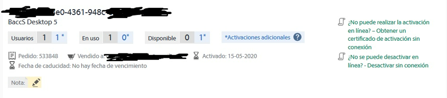 Screenshot of Baacs Desktop 5 license details showing 1 user, 1 license in use, 0 available, and no expiration date. Includes options for offline activation and deactivation.