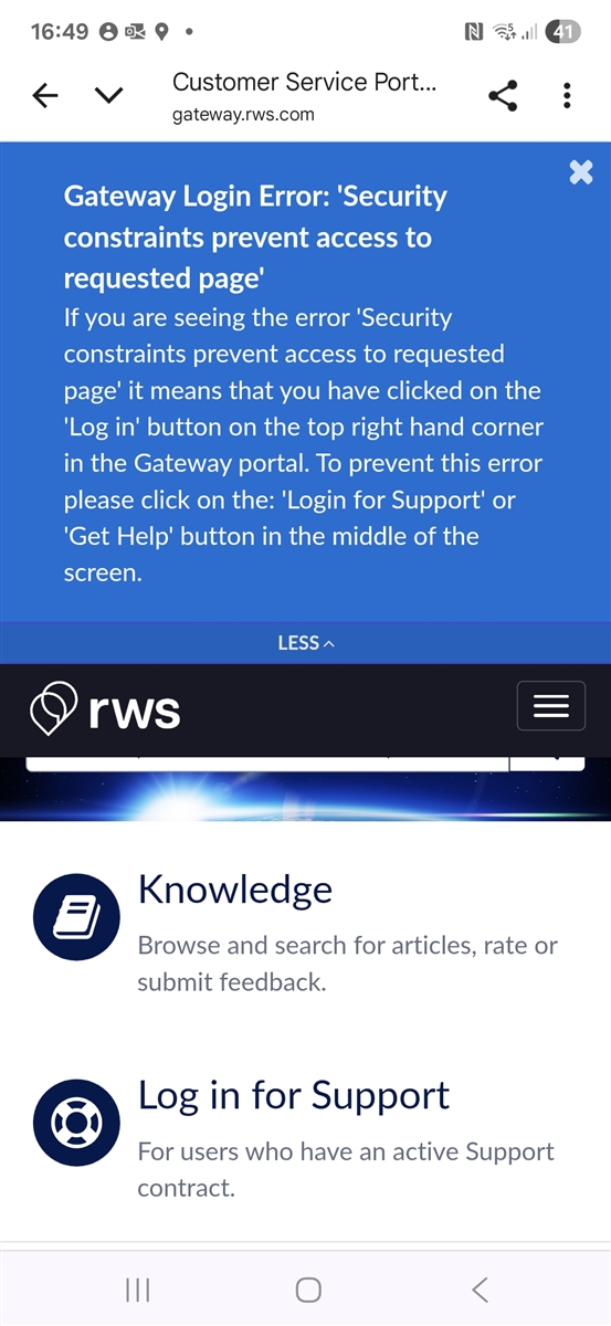Screenshot of the Customer Service Portal showing a blue error message titled 'Gateway Login Error: Security constraints prevent access to requested page' with instructions to click 'Login for Support' or 'Get Help'. Below the error, the RWS logo is visible along with options for 'Knowledge' and 'Log in for Support'.