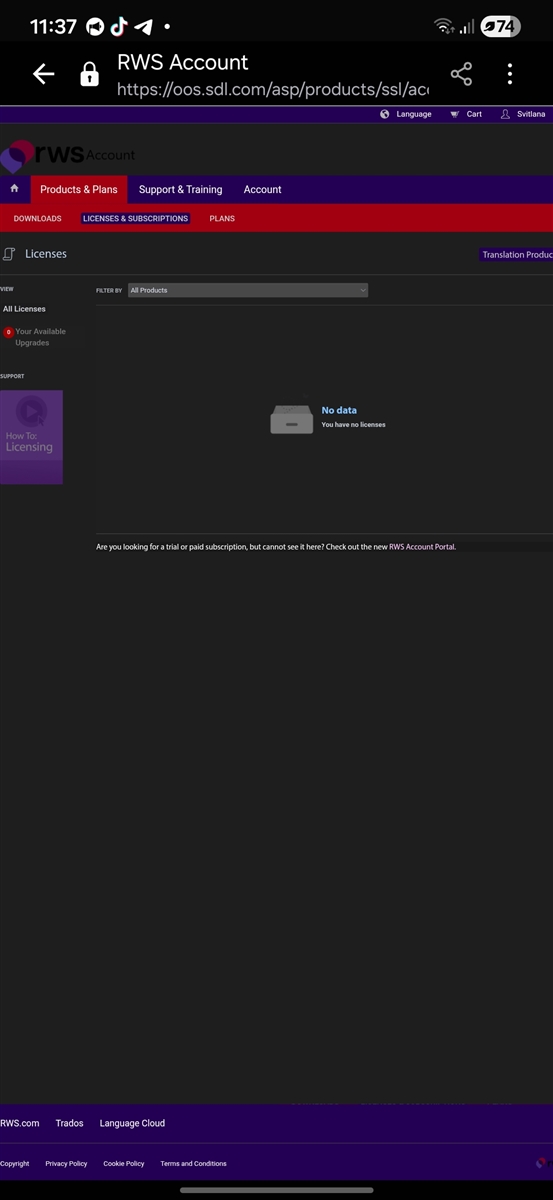 Screenshot of the RWS Account page showing the 'Licenses & Subscriptions' tab. A message states 'No data - You have no licenses' with a gray icon. Navigation tabs and footer are visible.