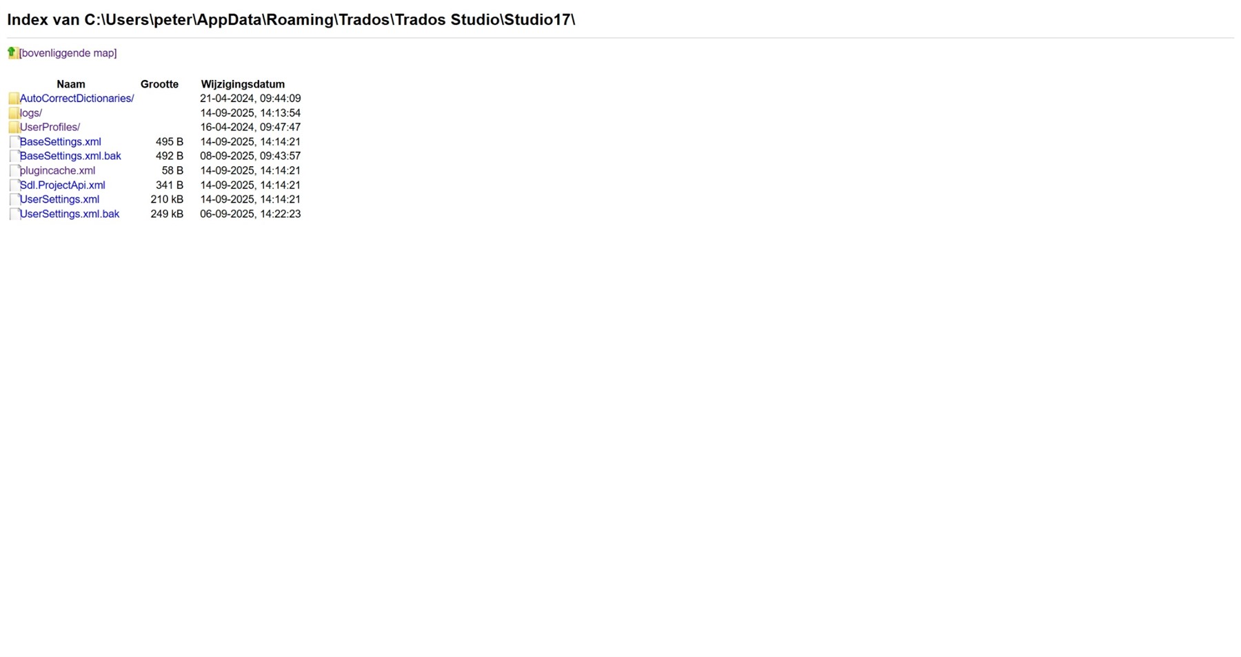 Screenshot showing the directory index of C:UserspeterAppDataRoamingTradosTrados StudioStudio17. It lists folders and files including AutoCorrectDictionaries, logs, and UserProfiles.