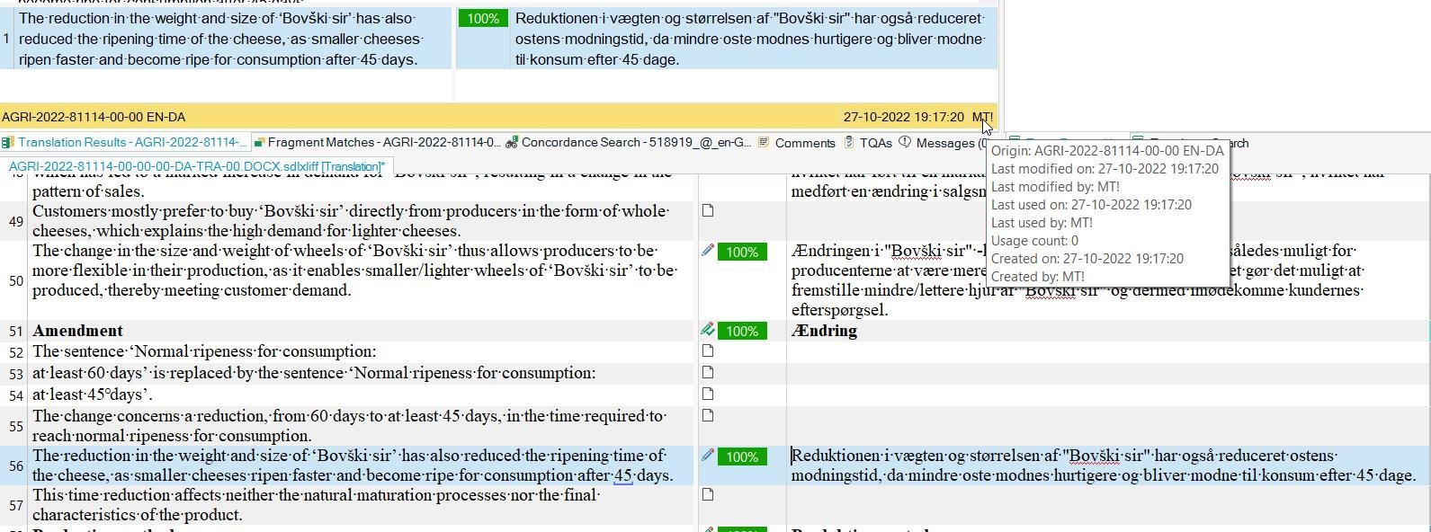 Screenshot of Trados Studio showing translation results with 100% match segments, indicating no machine translation used, and a highlighted segment with a timestamp and 'MT!' label.