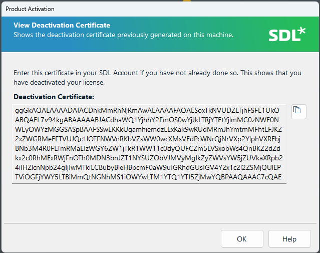 Screenshot of a Product Activation window showing a View Deactivation Certificate section with a generated deactivation certificate code displayed.