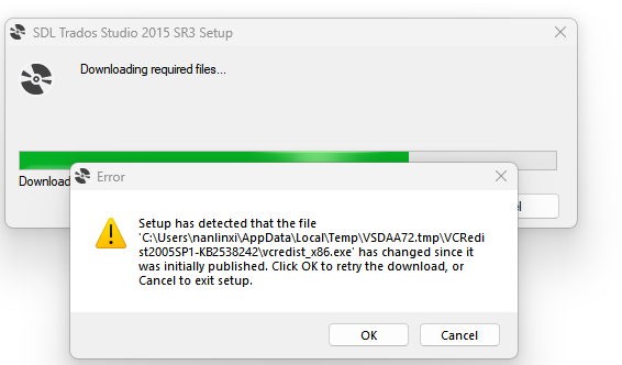 Error message during SDL Trados Studio 2015 SR3 setup indicating a file has changed since it was initially published with options to retry or cancel.