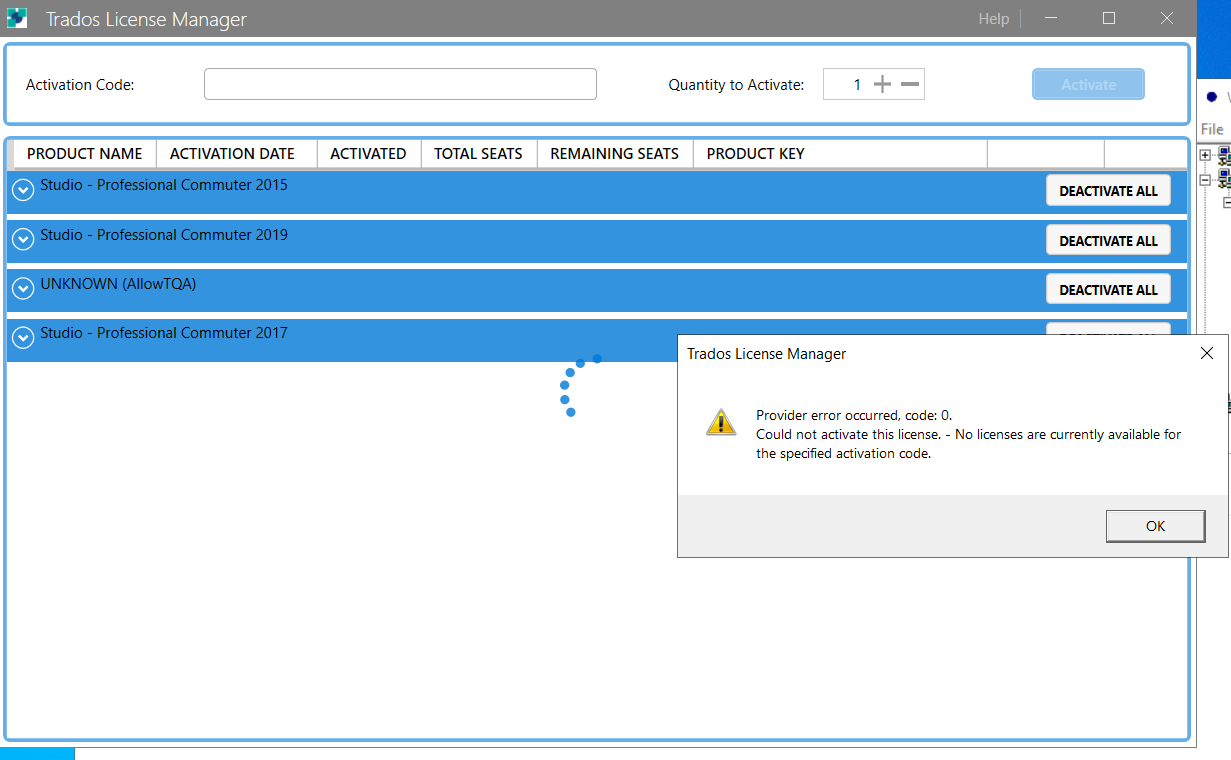 Trados License Manager window showing a list of products with an error message for Studio - Professional Commuter 2017 activation. Error reads 'Provider error occurred, code: 0. Could not activate this license - No licenses are currently available for the specified activation code.'