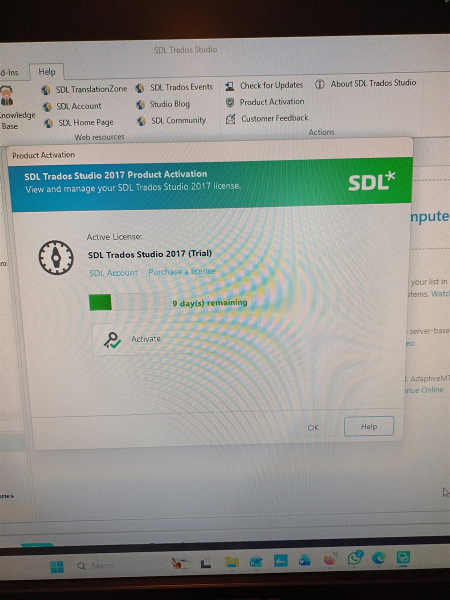 The Product Activation window in SDL Trados Studio 2017 showing an active trial license with 9 days remaining and an option to activate.